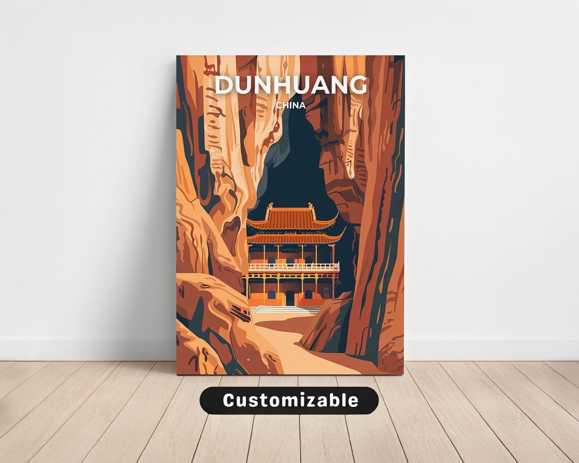 Dunhuang China Cliff Temple Canyon Vintage Travel Heritage Poster