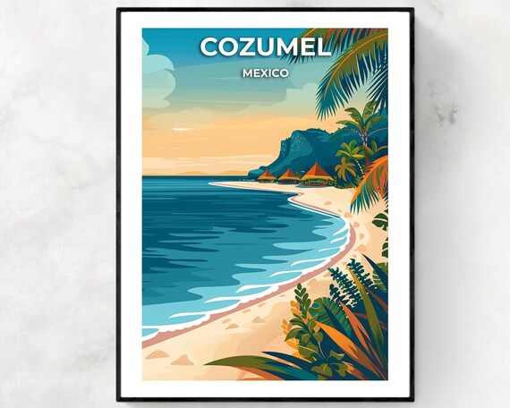 Cozumel Mexico Curved Sunset Beach Palms Shoreline Travel Poster