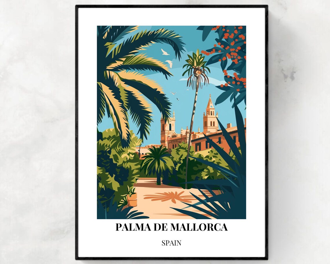 Palma de Mallorca Spain Cathedral Through Palm Trees Travel Poster