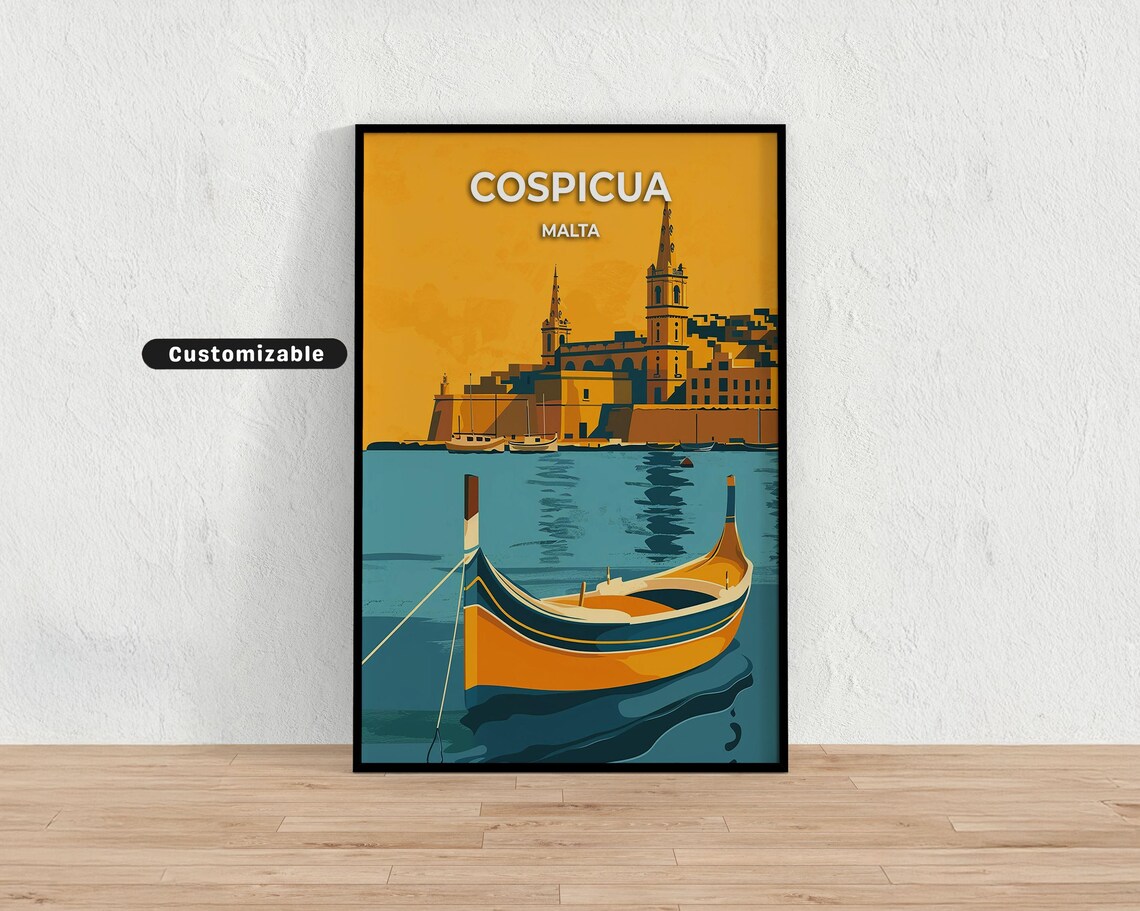 Cospicua Malta Traditional Luzzu Boat Harbor Custom Travel Poster