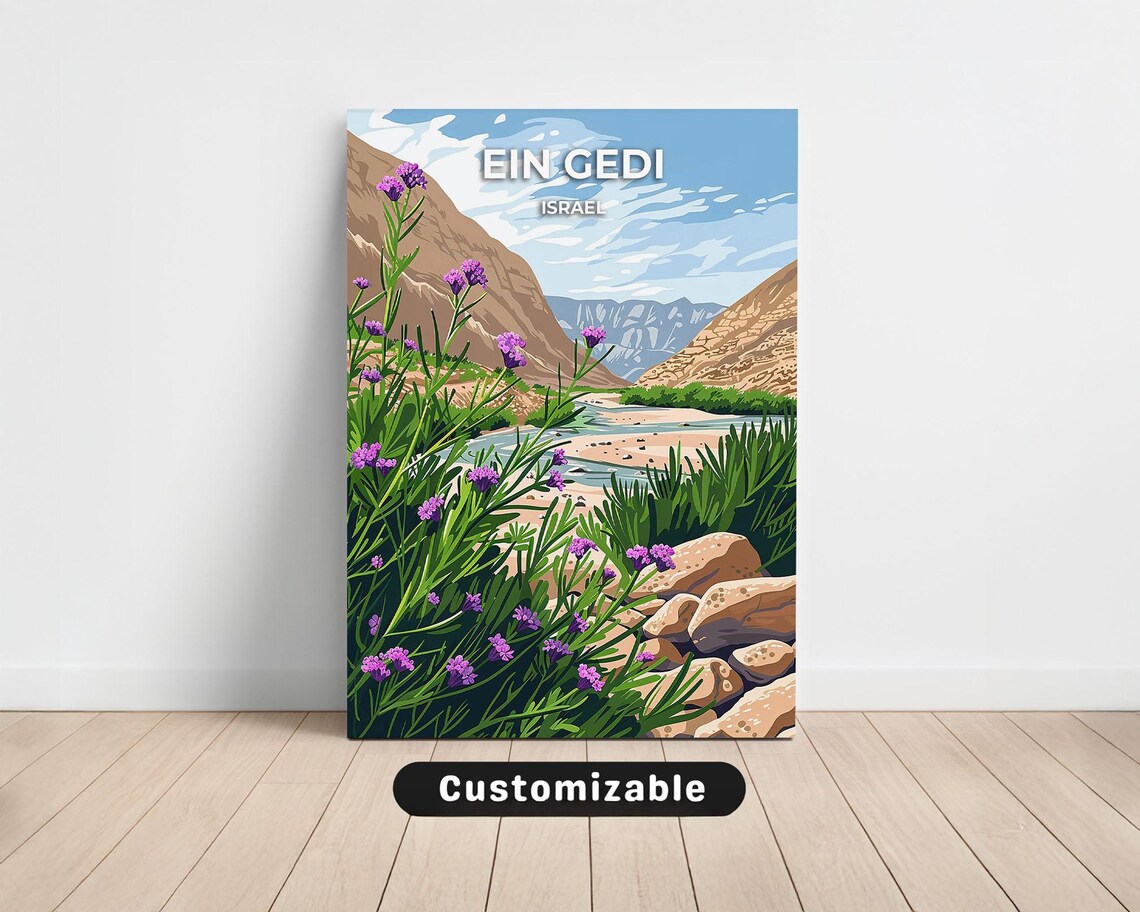 Ein Gedi Israel Desert Oasis Purple Wildflowers Canyon Travel Poster