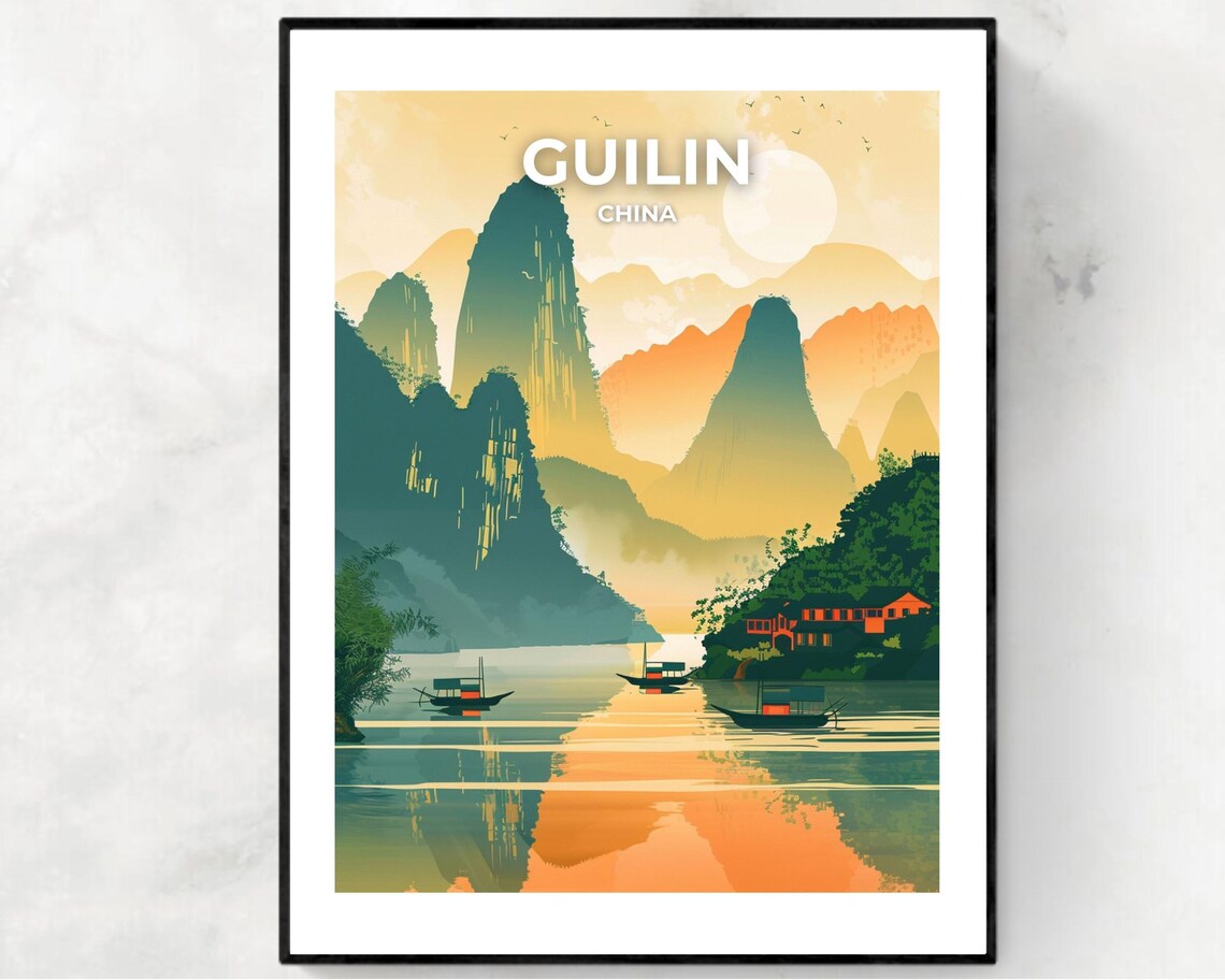 Guilin China Li River Karst Mountains Sunrise Boat Travel Poster