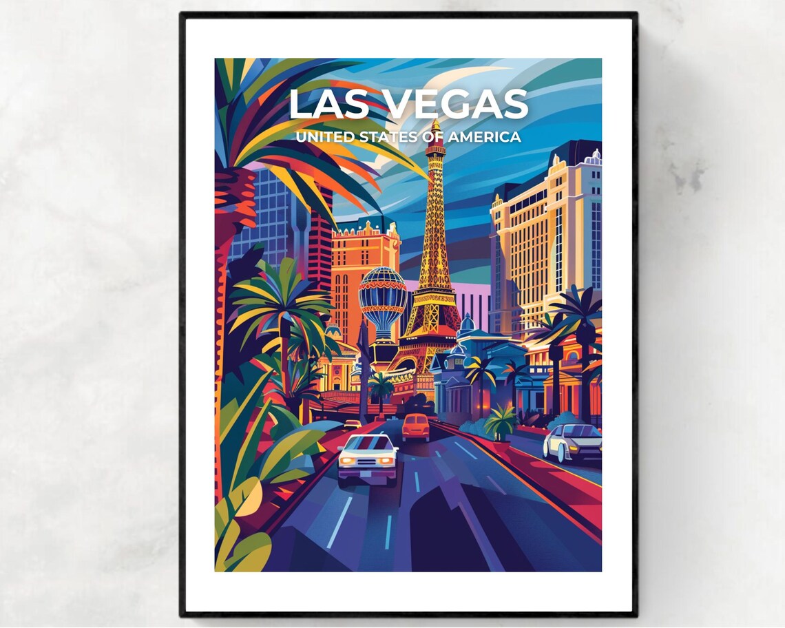 Colorful Las Vegas Strip Night Neon Eiffel Tower Palm Street Poster