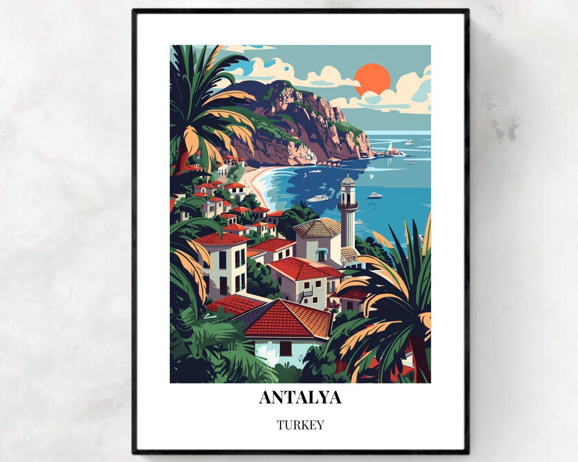 Antalya Turkey Mediterranean Bay Minaret Sunset Travel Poster