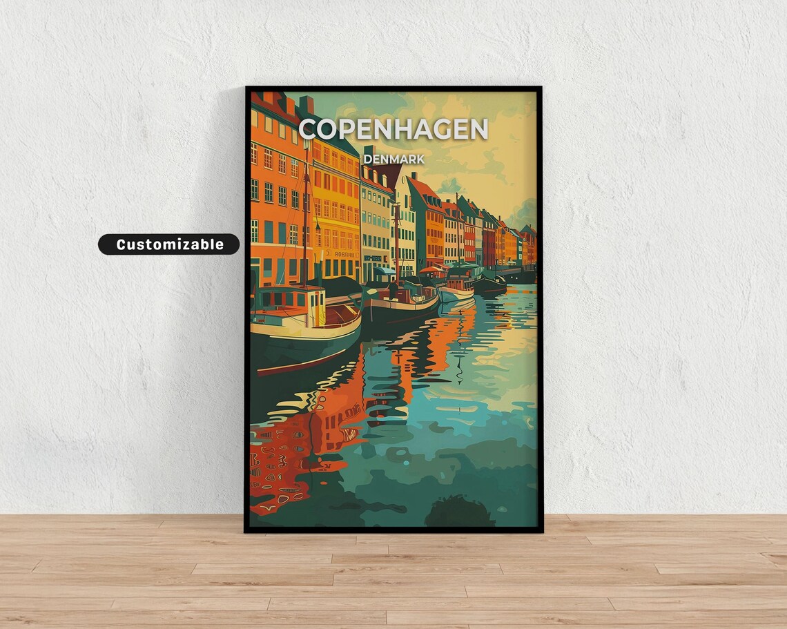 Copenhagen Denmark Nyhavn Harbor Vintage Style Travel Poster