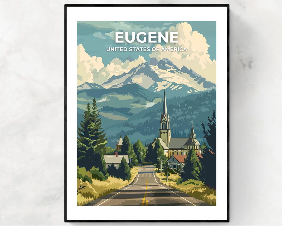 Eugene Mountain Valley Full Bleed Top Text Scenic Travel Poster