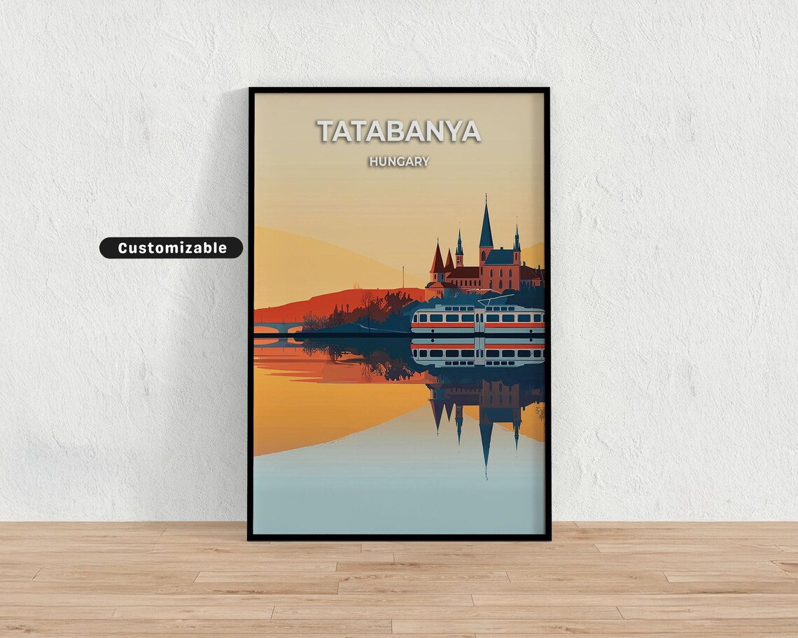 Tatabanya Hungary Lake Sunset Church Spires Retro Travel Poster