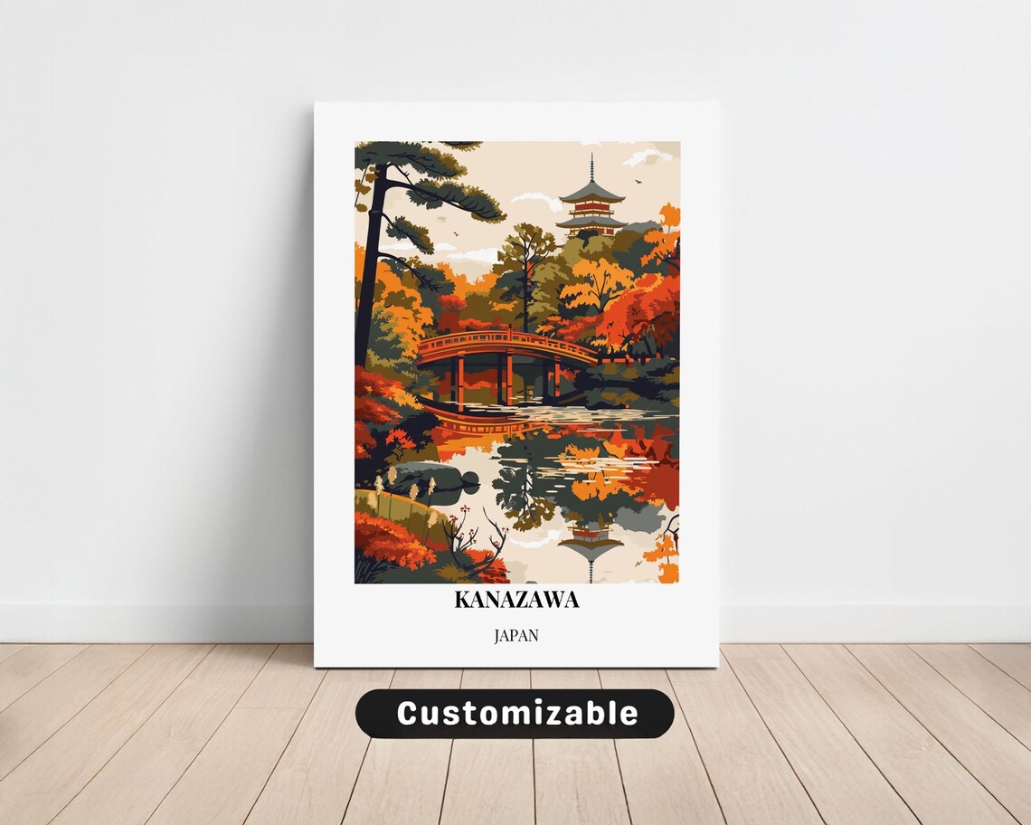 Kanazawa Japan Autumn Pagoda Temple Japanese Travel Art Poster