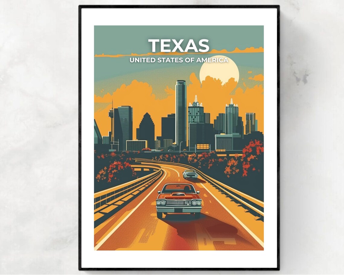 Texas City Skyline Sunset With Classic Car on Highway Travel Poster