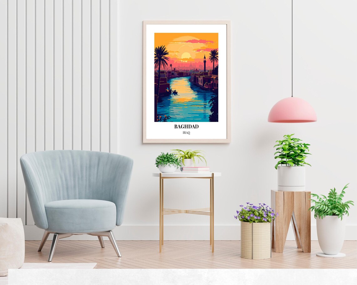 Baghdad Iraq Pink Sunset River Palms Minaret Skyline Travel Poster - Image 2