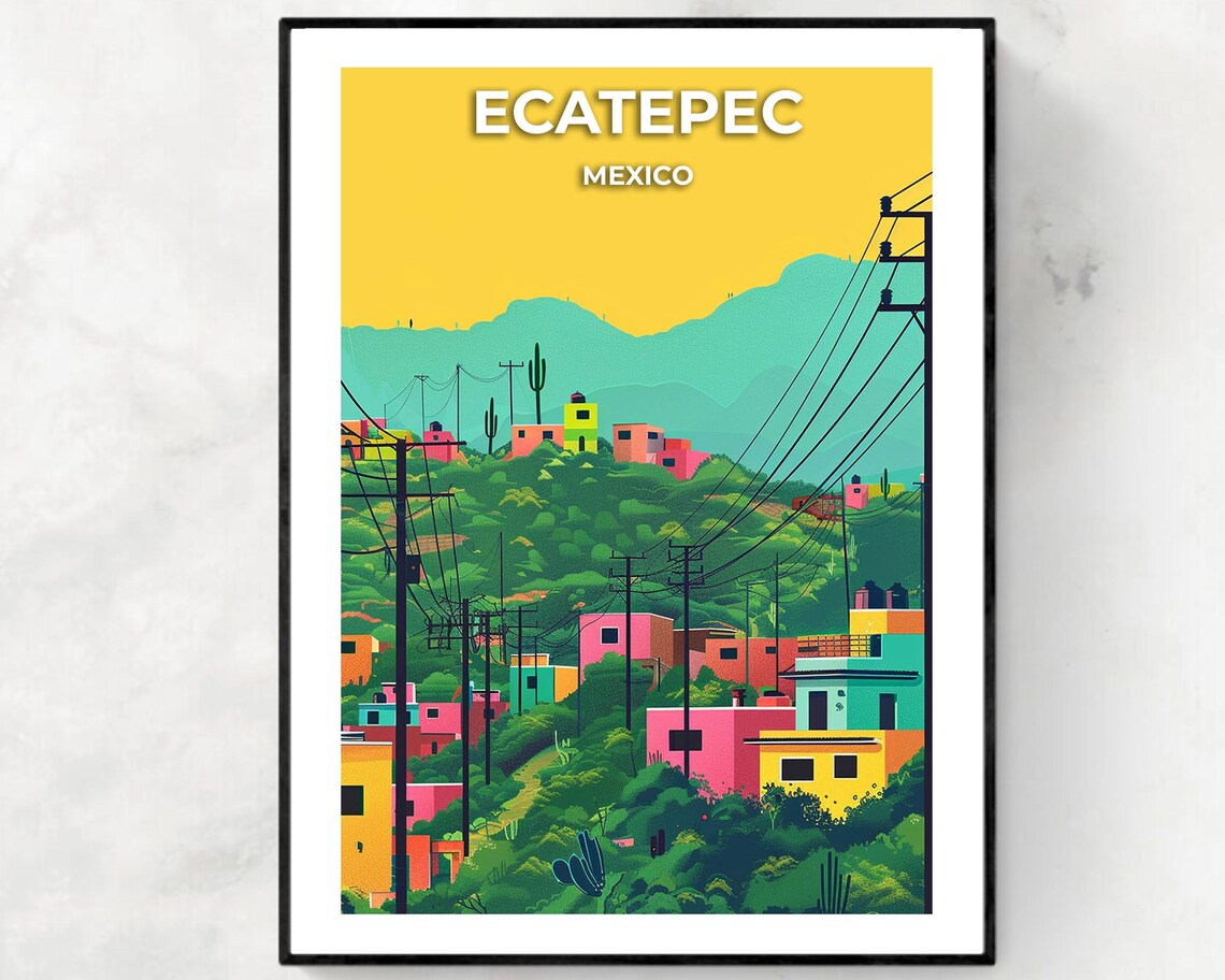 Ecatepec Mexico Hillside Town Golden Sky Scene Travel Poster