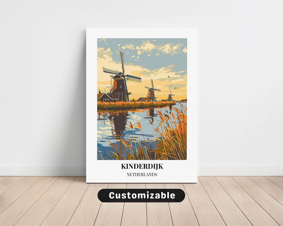 Kinderdijk Netherlands Windmills Sunset Reflection Travel Poster