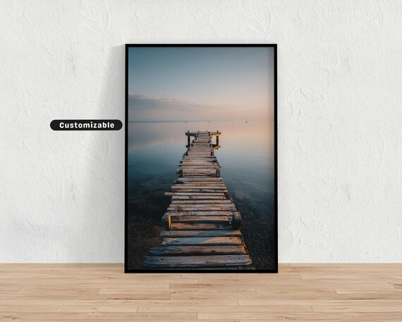 Weathered Wooden Pier at Sunrise Calm Sea Photography Wall Art