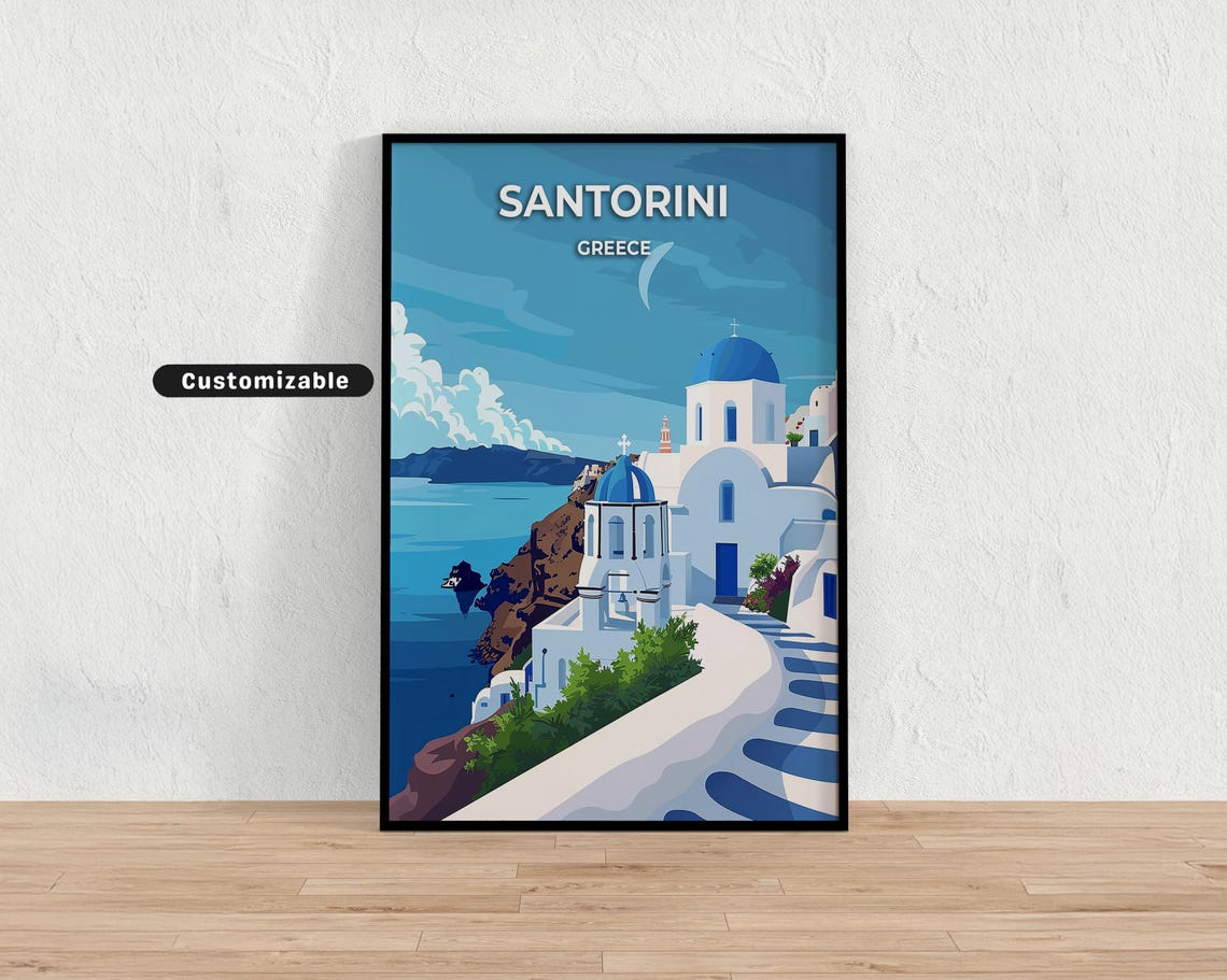 Santorini Greece Blue Dome Churches Whitewashed Travel Poster