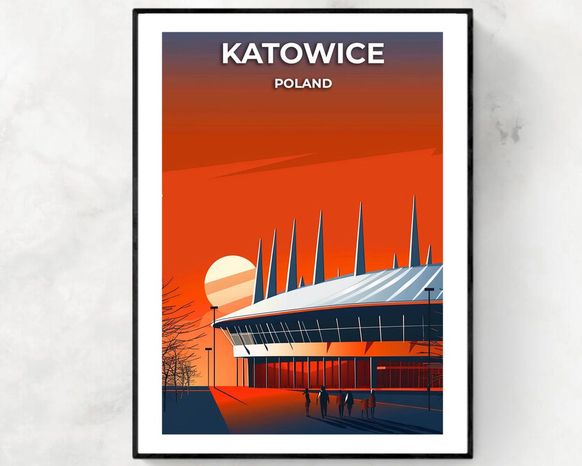 Katowice Poland Spodek Arena Sunset Orange Sky Scenic Poster