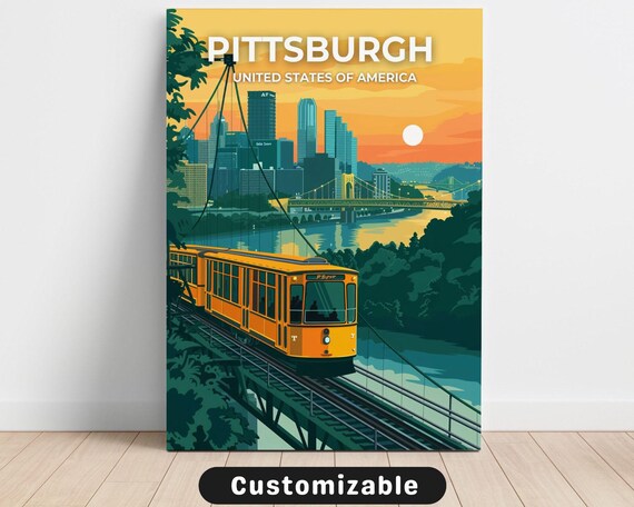 Pittsburgh Sunset Skyline Incline Trolley Vintage Travel Poster