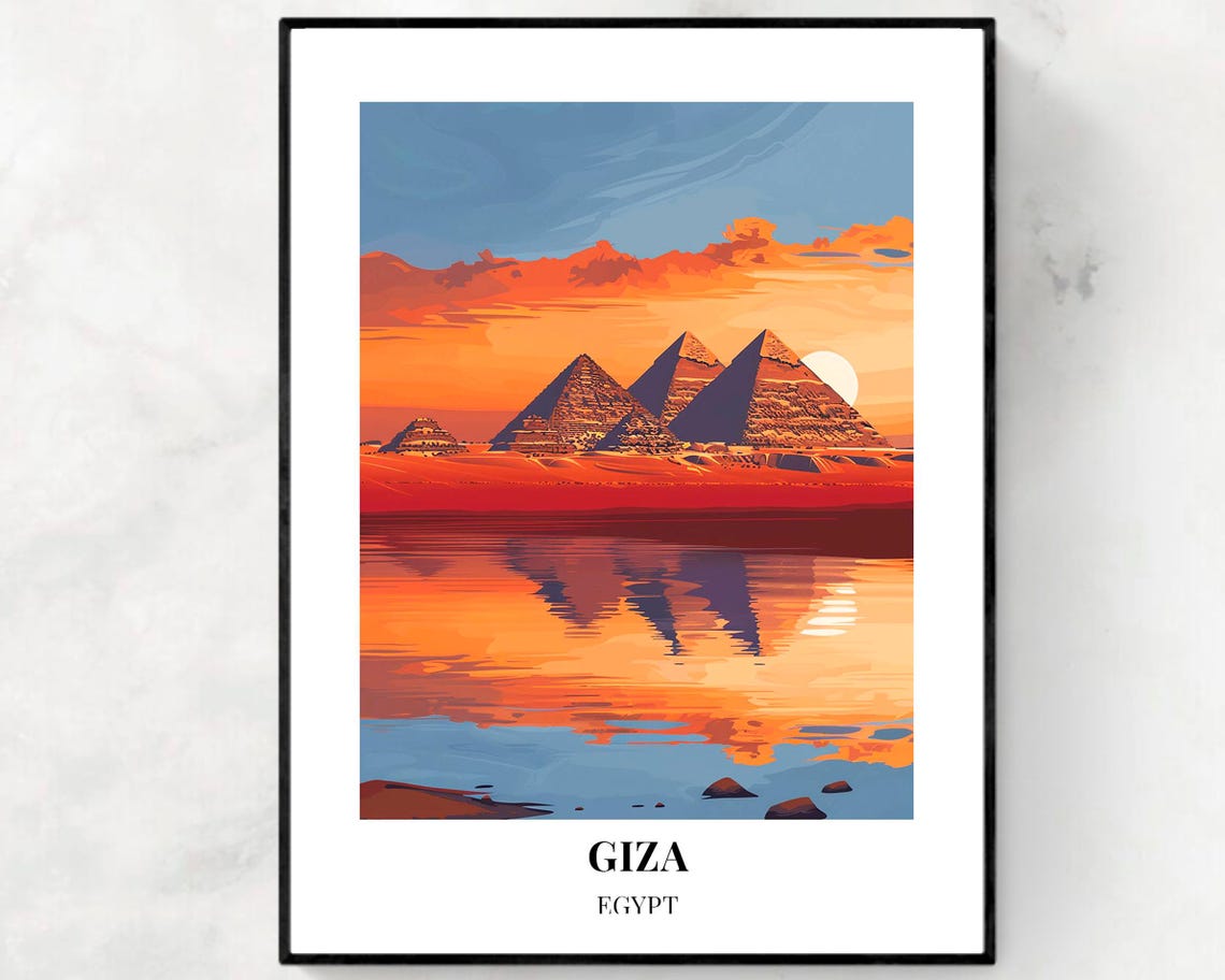 Giza Egypt Pyramids Sunset Reflection Travel Poster for Travel Lovers