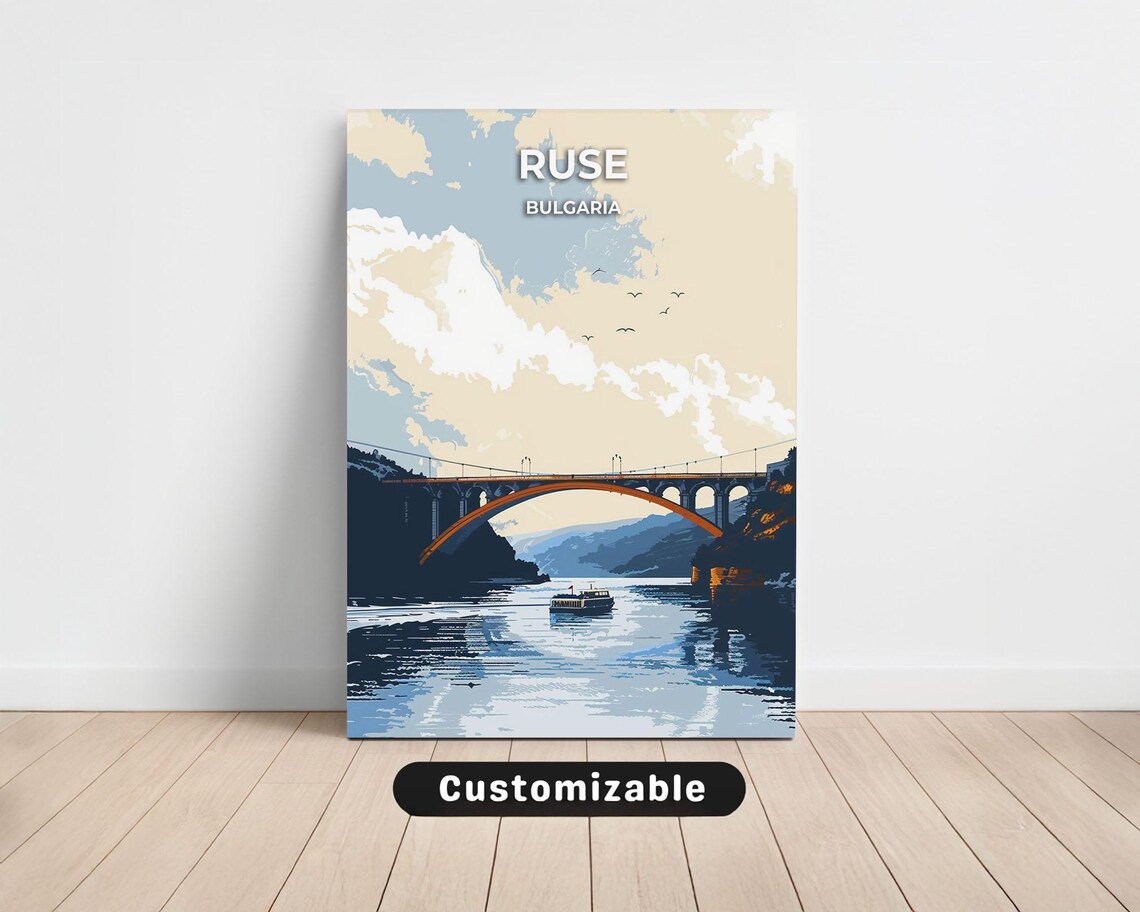Ruse Bulgaria Arch Bridge River Boat Vintage Travel Art Poster