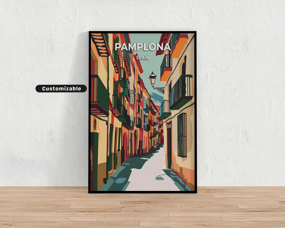 Pamplona Spain Old Town Street Balconies Colorful Travel Poster
