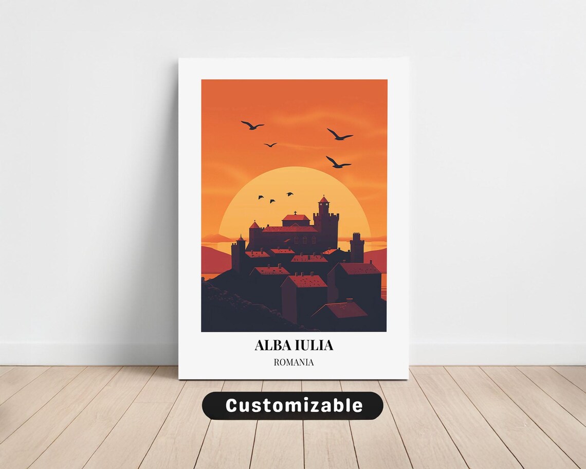 Alba Iulia Romania Sunset Castle Birds Vintage Travel Poster