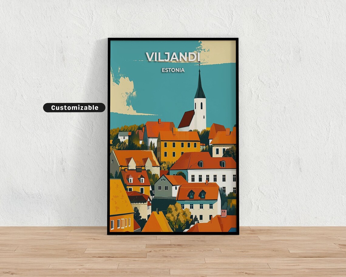 Viljandi Estonia Old Town Rooftops Church Spire Travel Poster