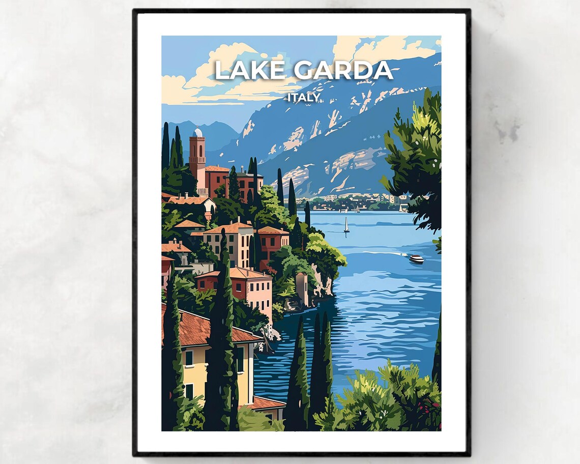 Lake Garda Lakeside Village Cypress Trees Italy Travel Poster