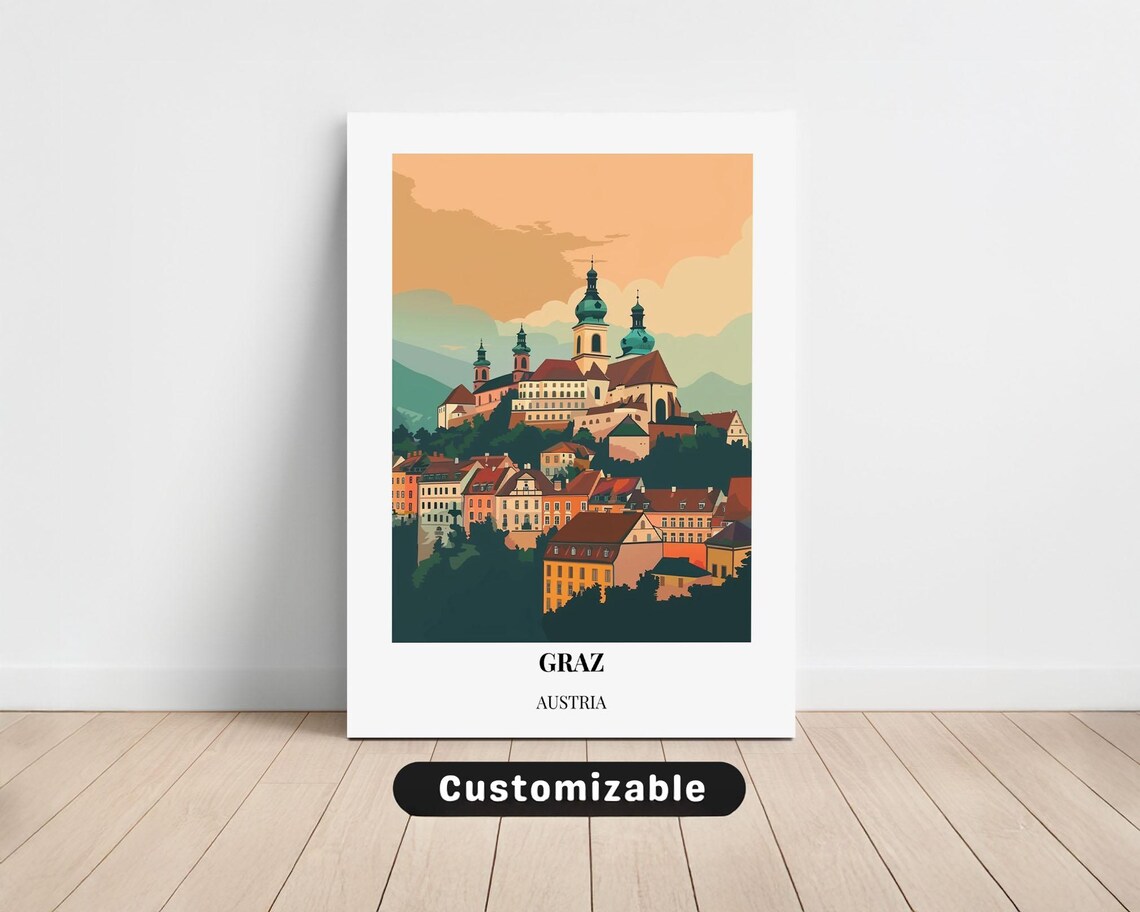Graz Austria Castle Hill Domes Old Town Sunset Travel Poster