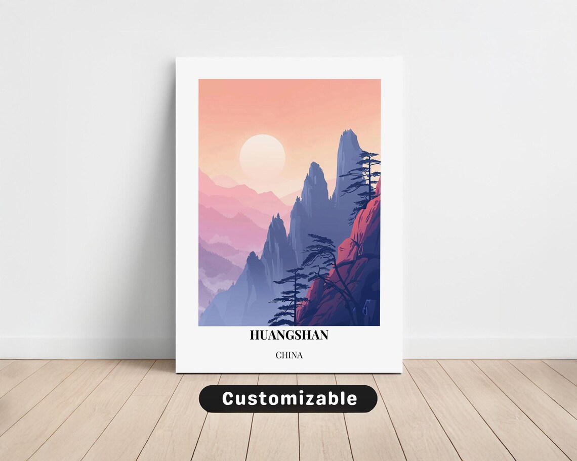 Huangshan China Pink Sunrise Granite Peaks Travel Art Poster