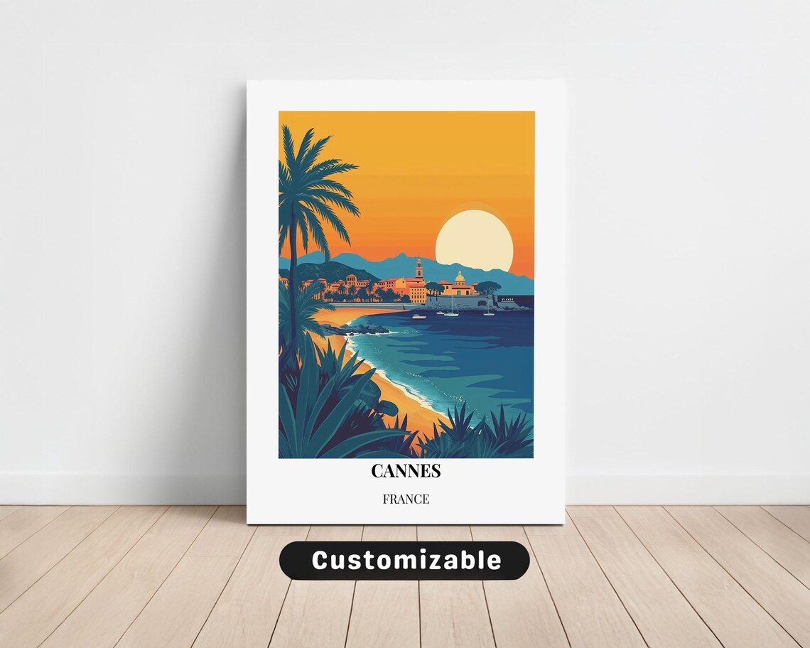 Cannes France Travel Poster Riviera Sunset Beach Retro Vintage Art
