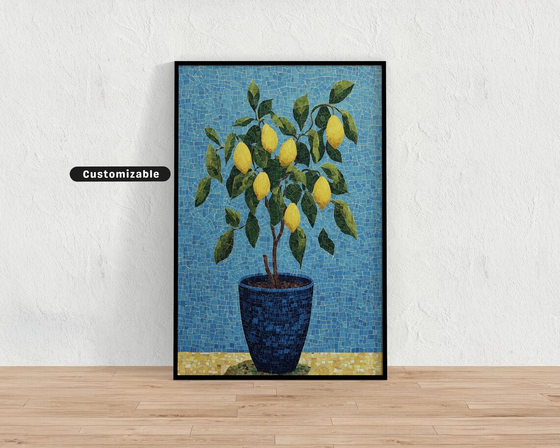 Lemon Tree Blue Mosaic Pot Citrus Botanical Mediterranean Style Poster