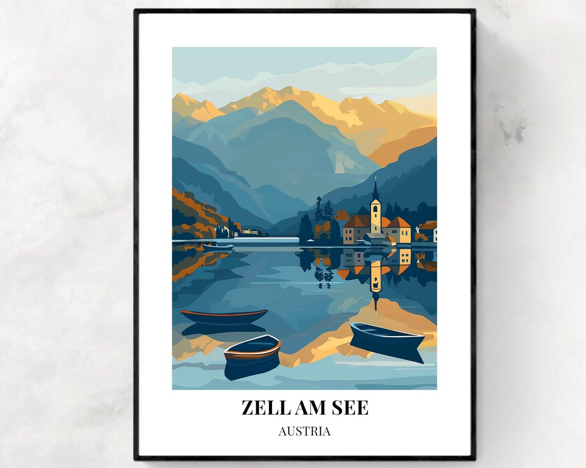 Zell Am See Austria Lake Village Mountains Reflection Travel Poster