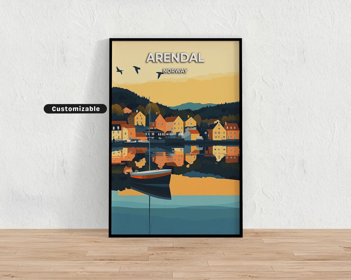 Arendal Norway Sunset Harbor Reflection Golden Hour Travel Poster