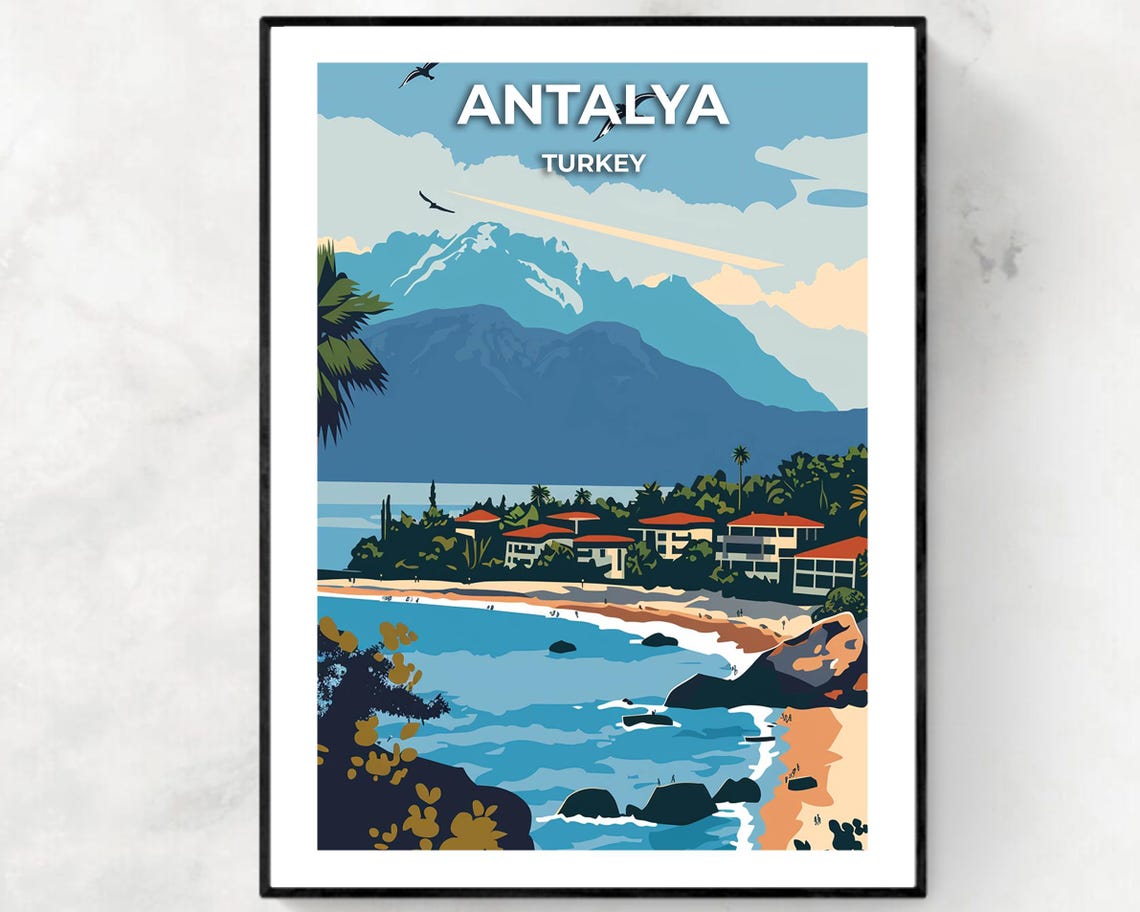 Antalya Turkey Beach Resort Cove with Mountains Behind Poster