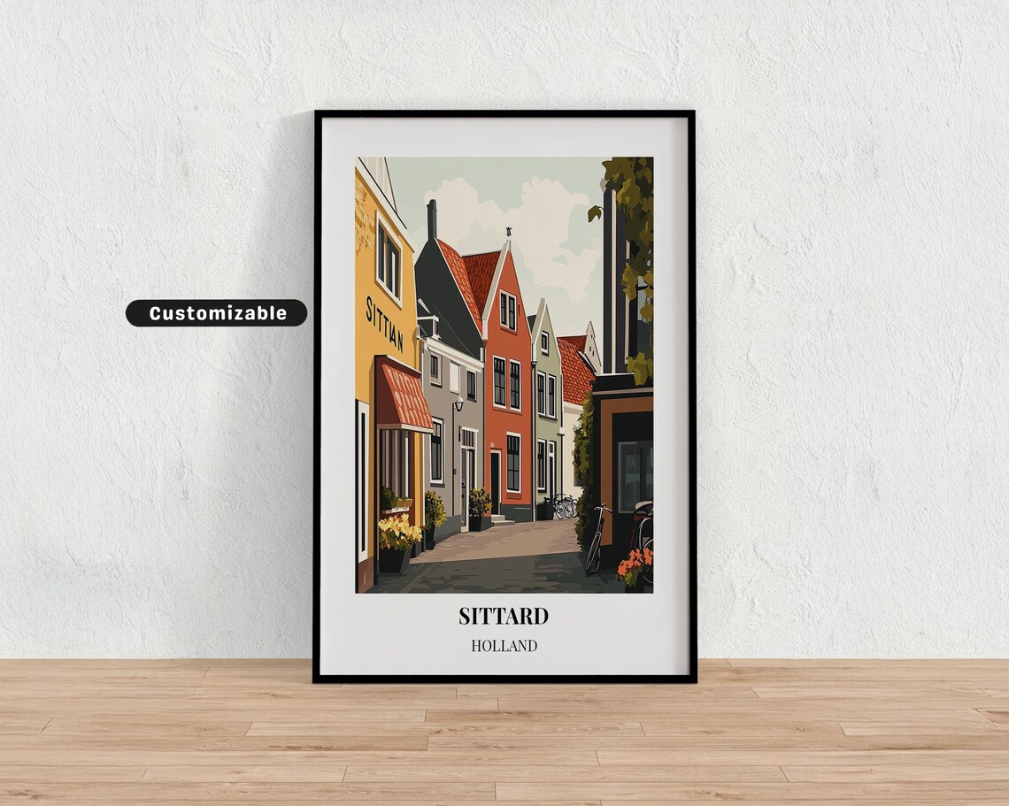 Sittard Holland Cobbled Gabled House Street Bicycle Travel Poster