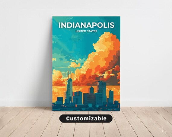 Indianapolis United States Skyline Sunset Travel Poster City Clouds