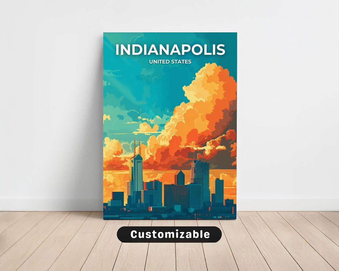 Indianapolis United States Skyline Sunset Travel Poster City Clouds