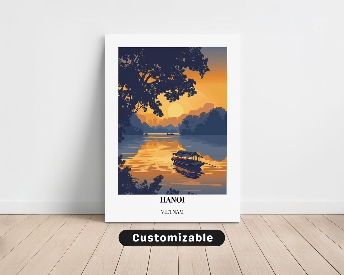 Hanoi Vietnam Calm Sunset River Boat Golden Custom Travel Poster