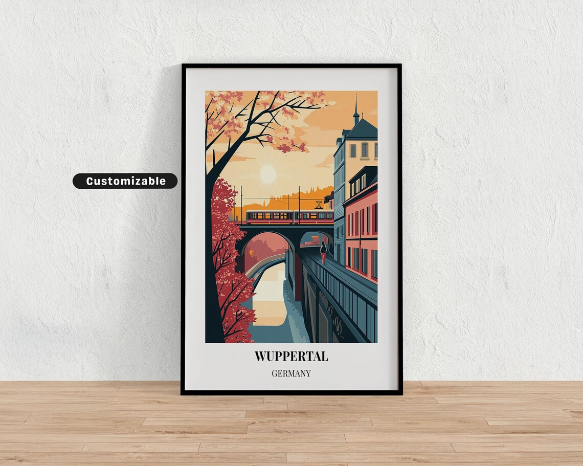 Wuppertal Germany Suspension Railway Sunset Modern Travel Poster