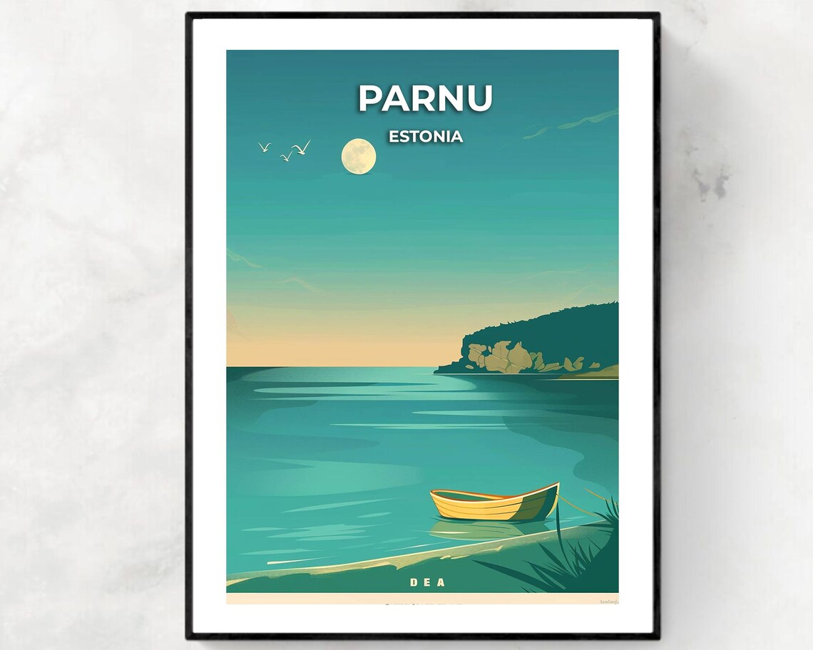 Parnu Estonia Moonlit Sea Rowboat Coast Vintage Travel Poster