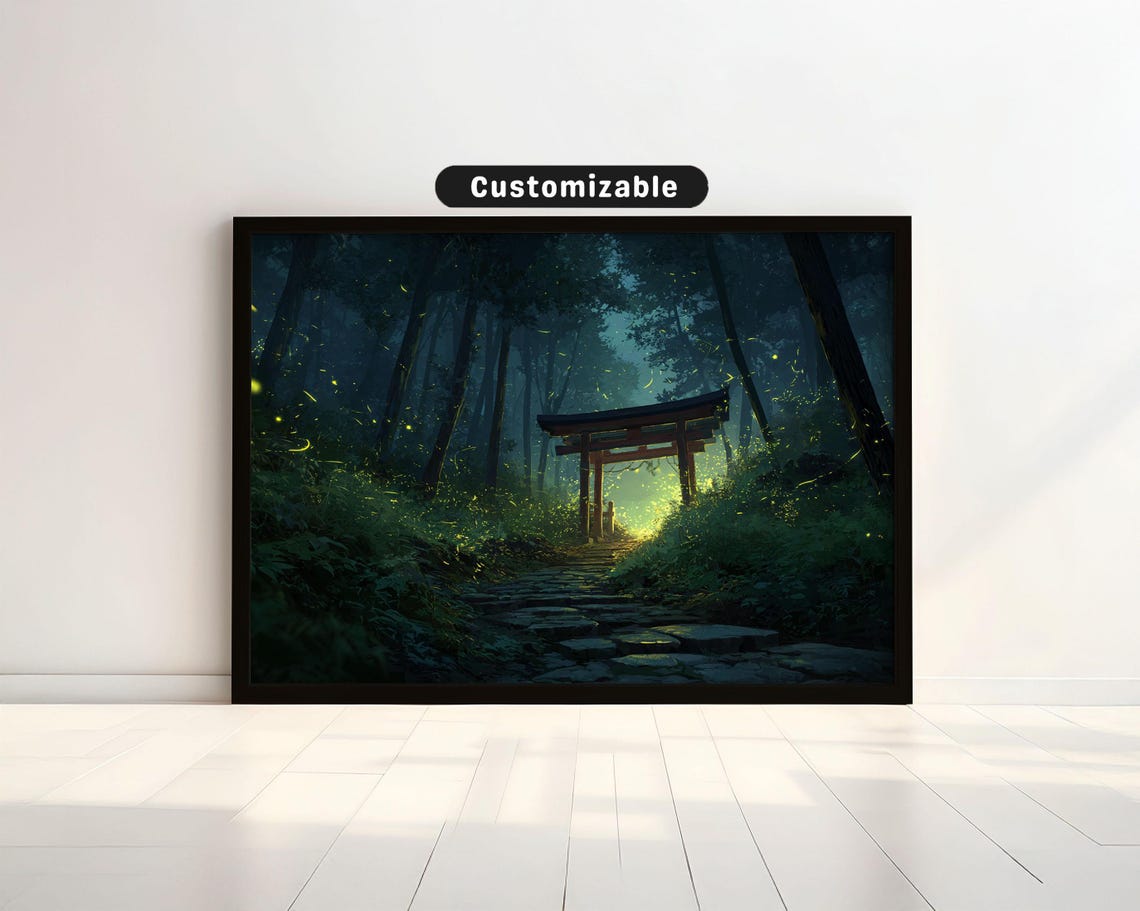 Forest Path Curving To Shrine With Fireflies Glowing Japanese Wall Art Print Zen Asian Decor