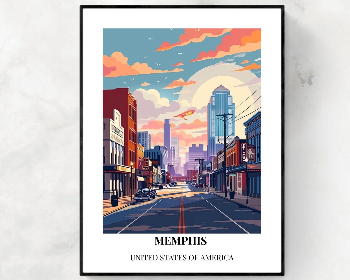 Memphis Tennessee Sunset Historic Downtown Street Skyline Poster