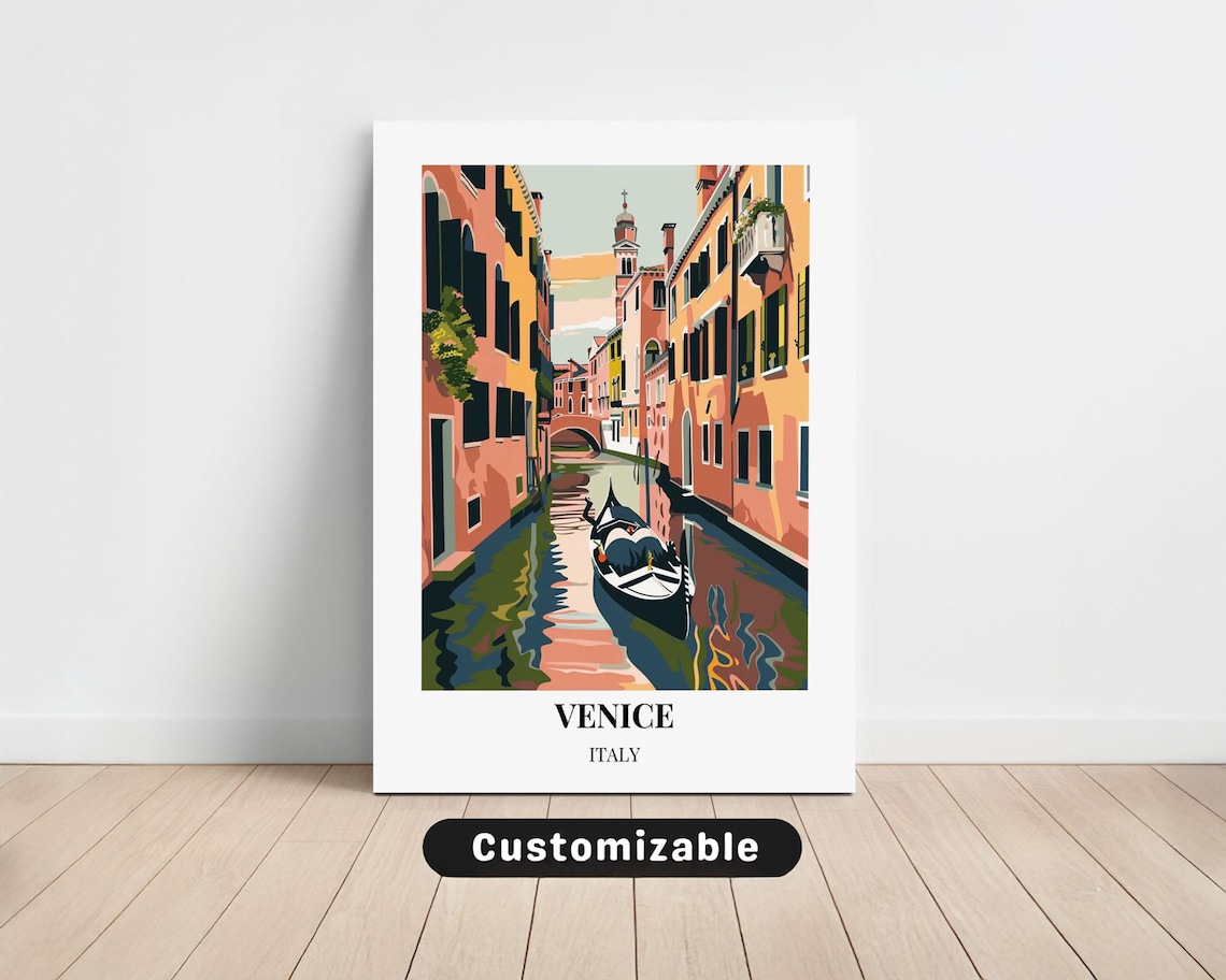 Venice Italy Canal Travel Poster Gondola Sunset Old Town View Art