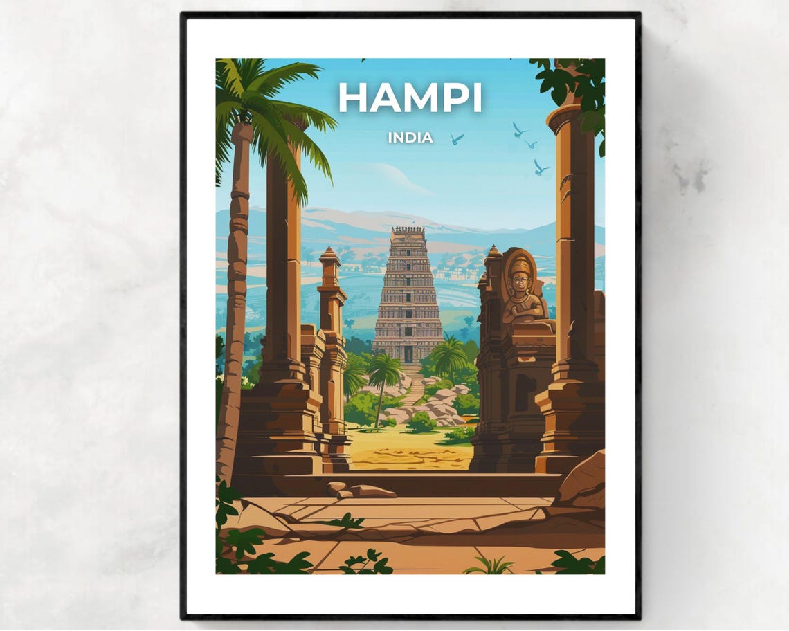 Hampi India Ancient Temple Tower Stone Pillars Heritage Poster