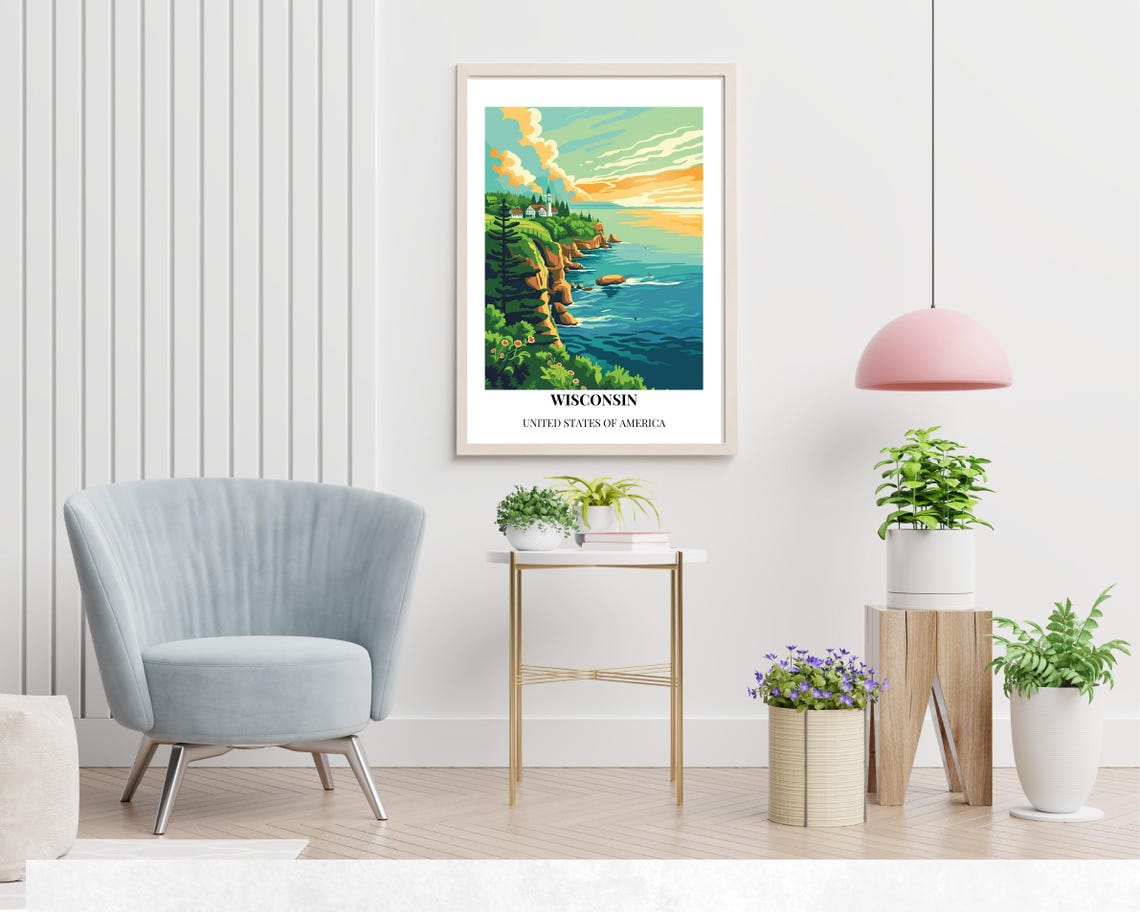 Wisconsin Rocky Shoreline Lighthouse Golden Sky Travel Poster - Image 2