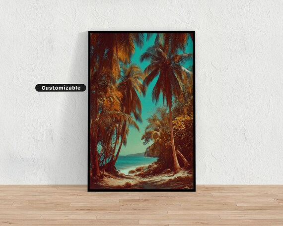 Palm Trees Framing Tropical Cove Vintage Style Beach Wall Art