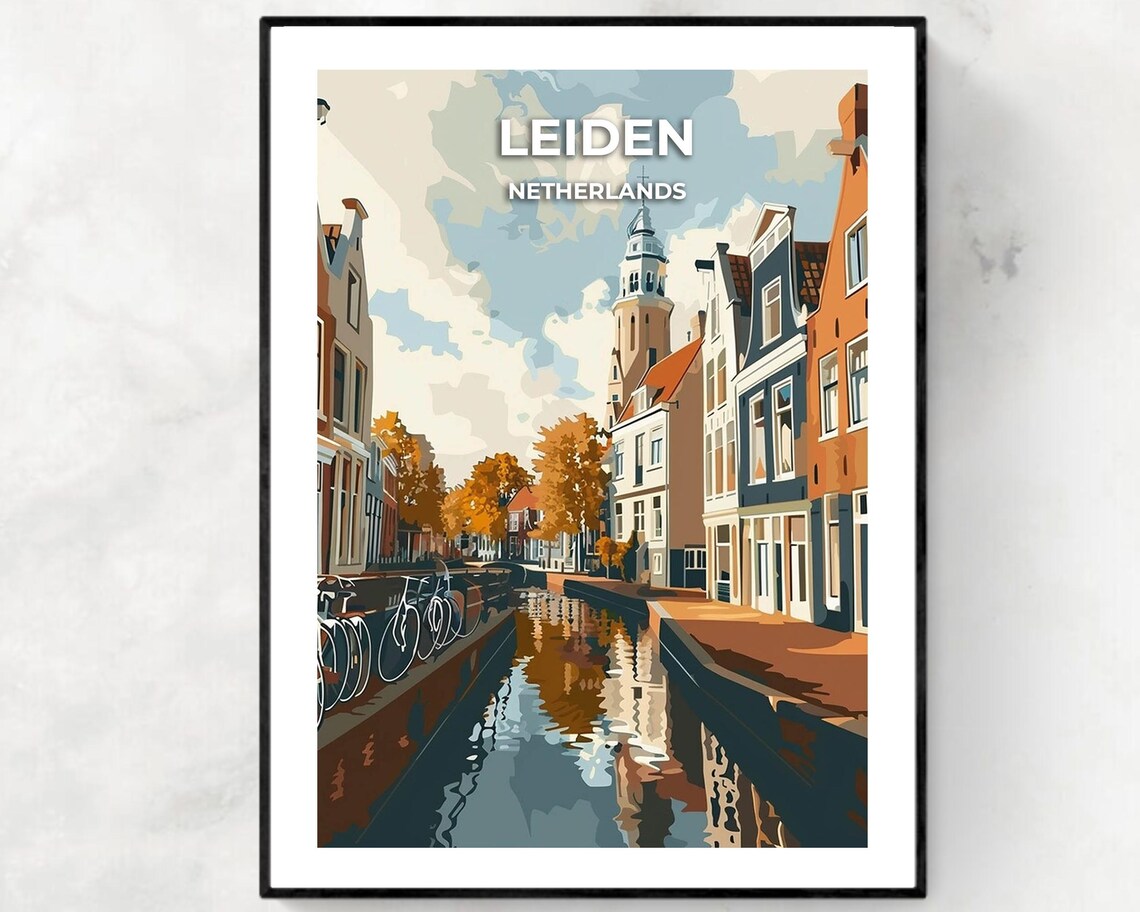 Leiden Netherlands Canal Bikes Church Tower Autumn Travel Poster