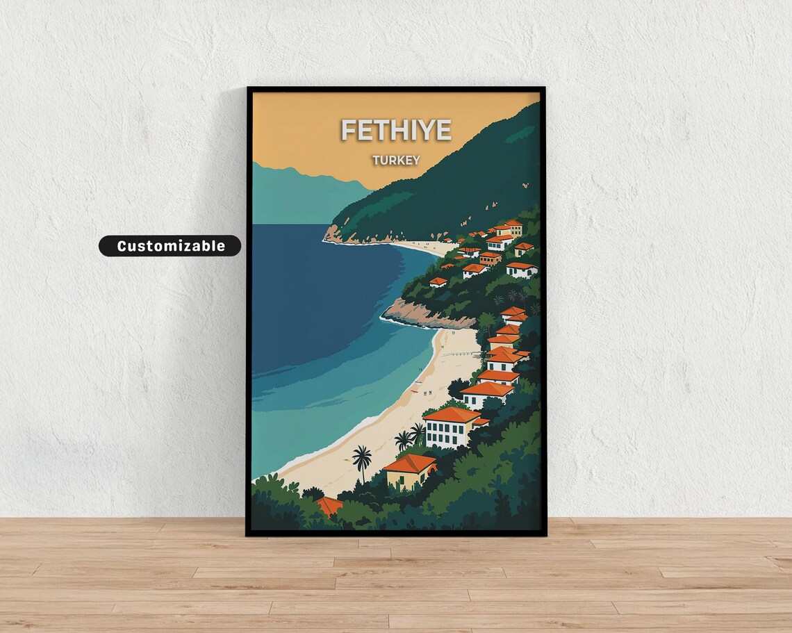 Fethiye Turkey Coastal Town Turquoise Bay Vintage Travel Poster