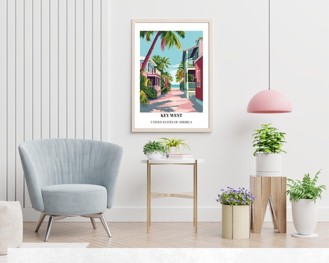 Key West Colorful Beach Street Palms Tropical Style Travel Poster - Image 2