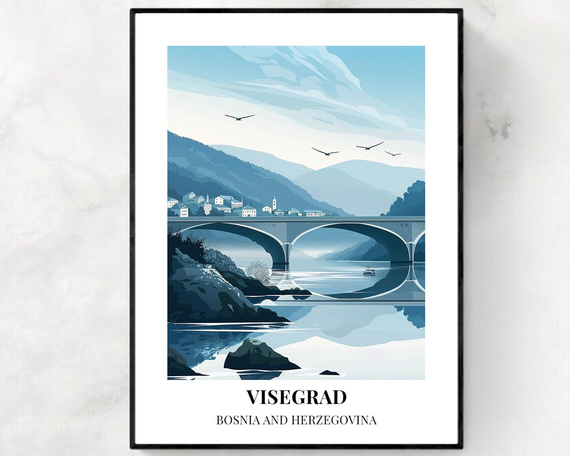 Visegrad Bosnia Historic Bridge Cool Blue River Vintage Travel Poster