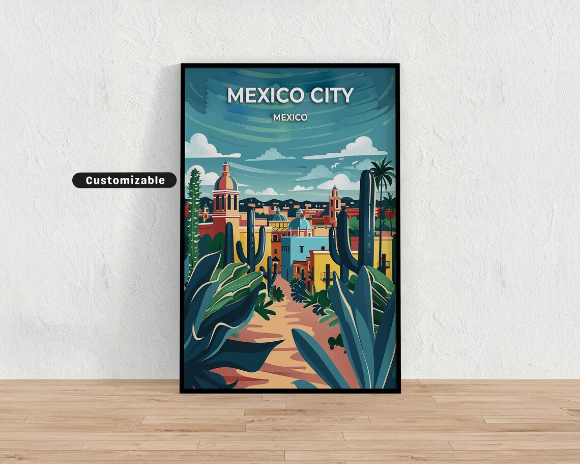 Mexico City Desert Cacti Cathedral Skyline Colorful Travel Poster